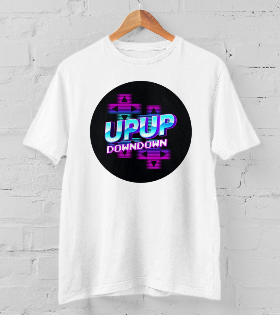 UPUP DOWNDOWN Retro Video Game Arrows Neon Text T-Shirt
