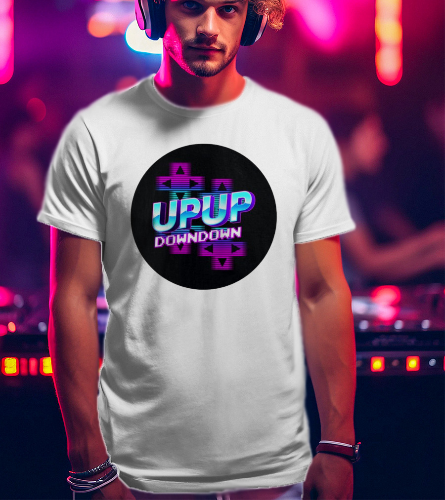 UPUP DOWNDOWN Retro Video Game Arrows Neon Text T-Shirt
