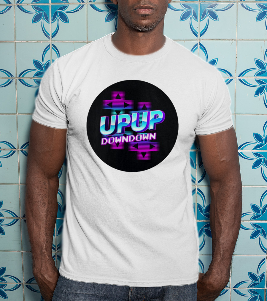 UPUP DOWNDOWN Retro Video Game Arrows Neon Text T-Shirt