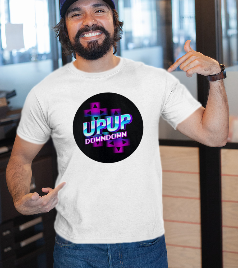 UPUP DOWNDOWN Retro Video Game Arrows Neon Text T-Shirt
