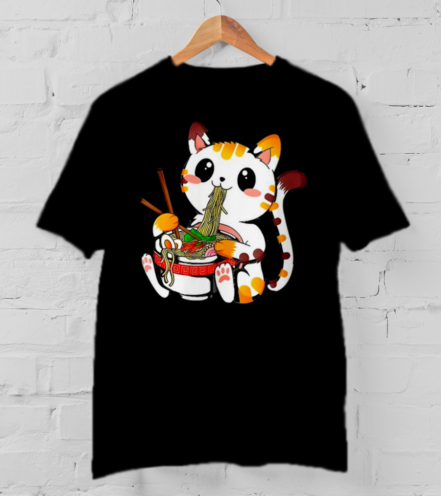 Furia Hiswattson Cat Enjoying Ramen Bowl With Chopsticks T-Shirt