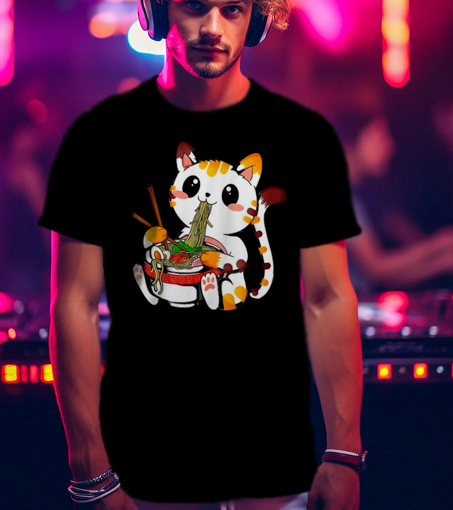 Furia Hiswattson Cat Enjoying Ramen Bowl With Chopsticks T-Shirt