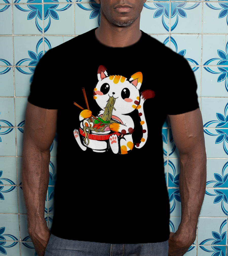 Furia Hiswattson Cat Enjoying Ramen Bowl With Chopsticks T-Shirt