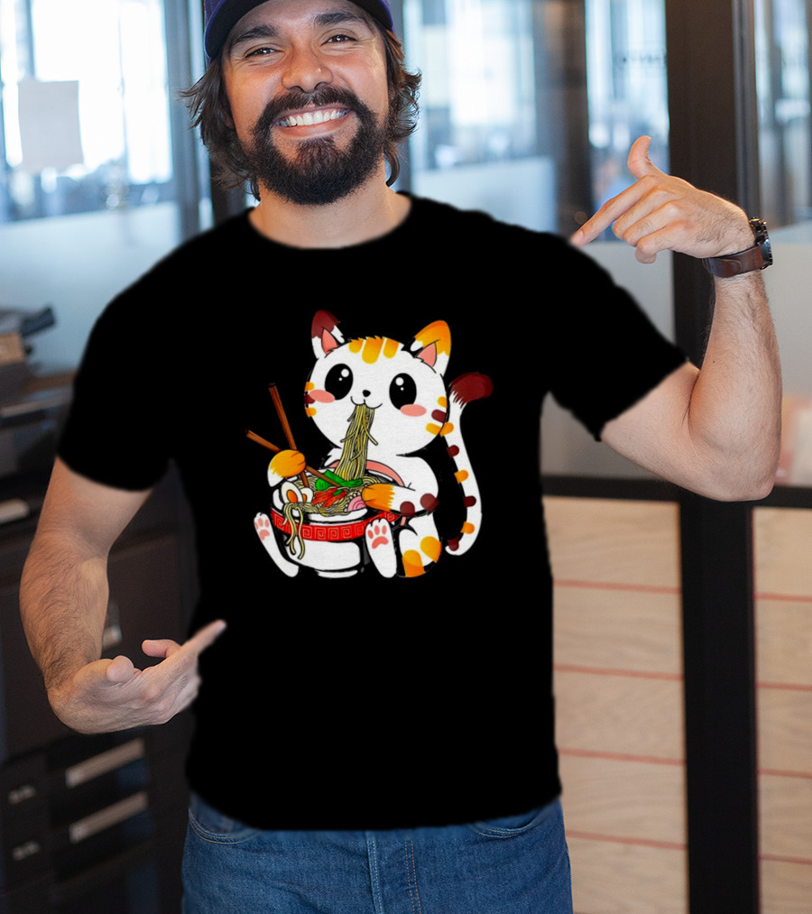 Furia Hiswattson Cat Enjoying Ramen Bowl With Chopsticks T-Shirt