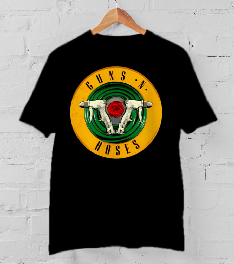 Guns N Hoses Firefighter Hydrant Nozzle Cross With Rose Circle Emblem T-Shirt