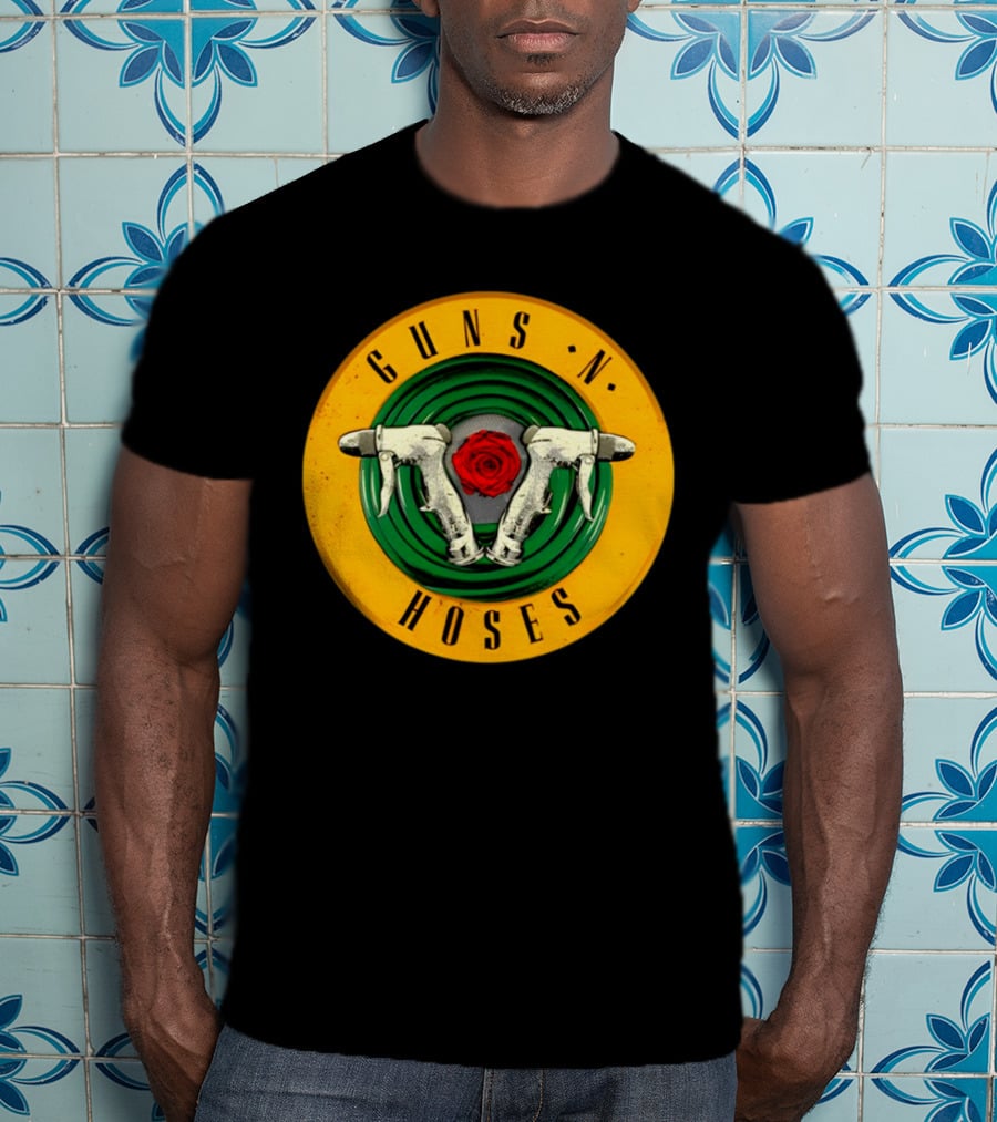 Guns N Hoses Firefighter Hydrant Nozzle Cross With Rose Circle Emblem T-Shirt