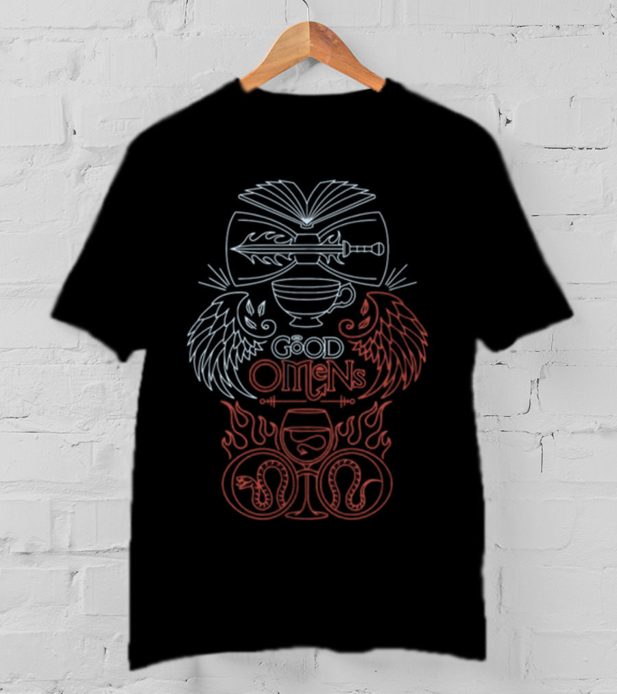 Autistjcgraham Good Omens Blu E Rossi Emblemi Doppio Angelo Spade E Serpenti Caduceo Maglietta T-Shirt