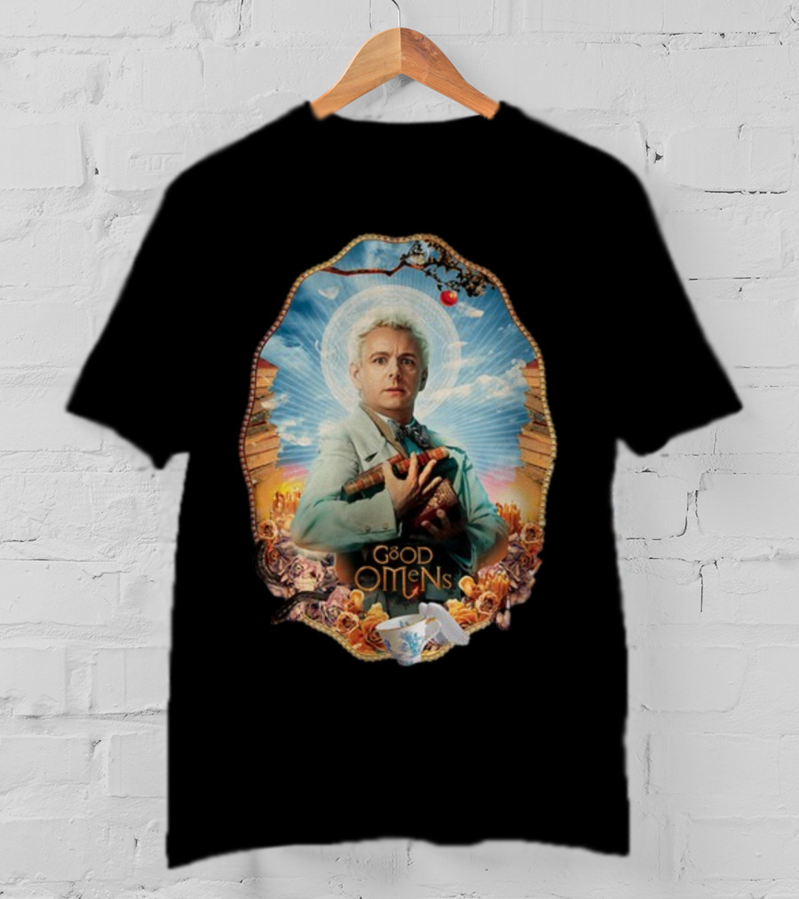 Good Omens Aziraphale Holding Books And Broken Tea Cup With Halo And Clouds T-Shirt
