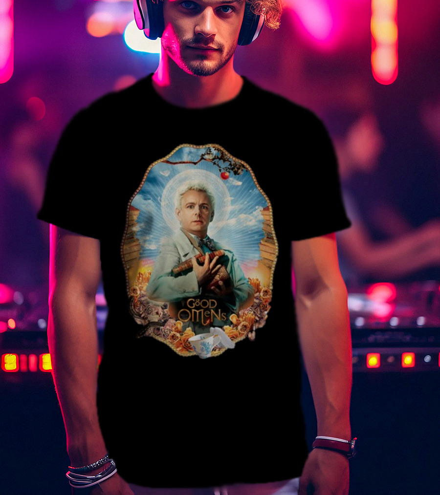 Good Omens Aziraphale Holding Books And Broken Tea Cup With Halo And Clouds T-Shirt