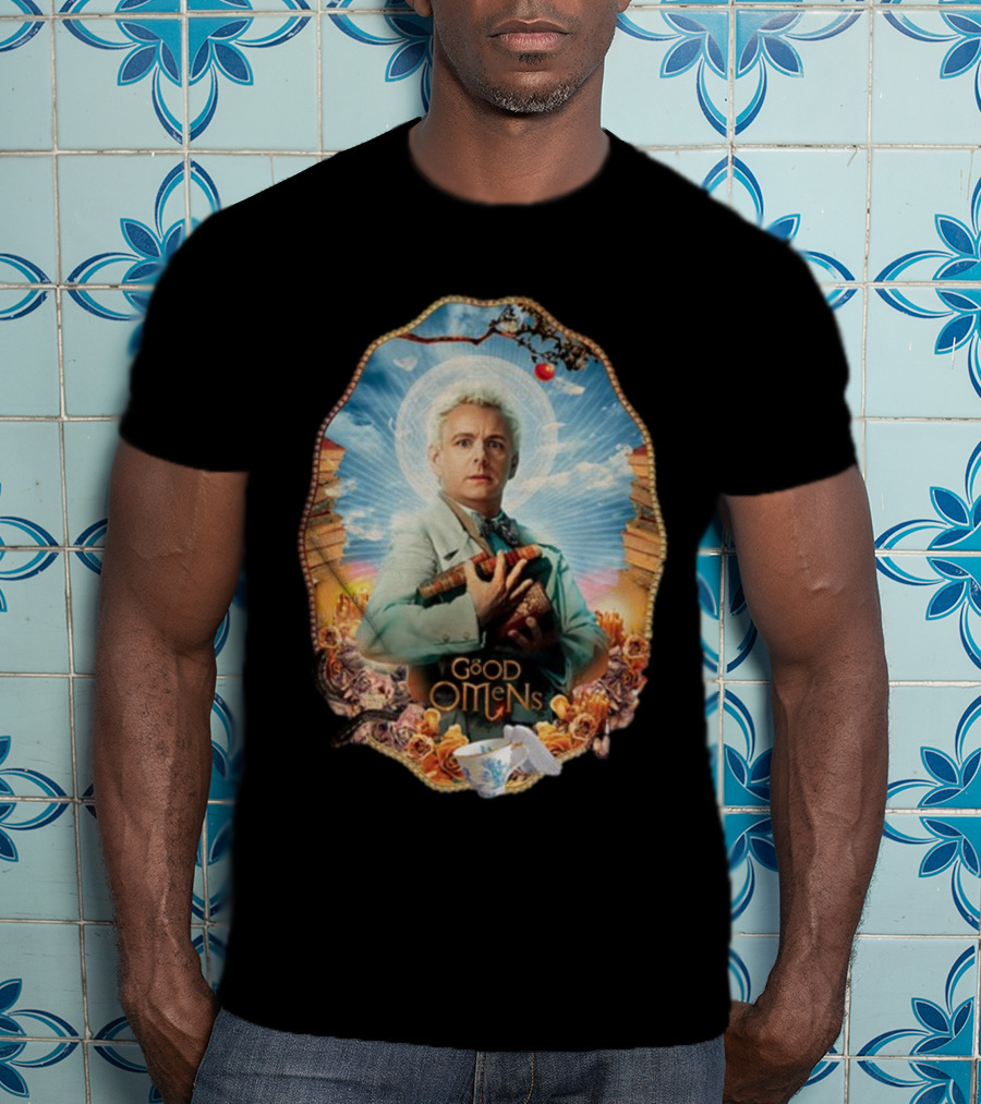 Good Omens Aziraphale Holding Books And Broken Tea Cup With Halo And Clouds T-Shirt