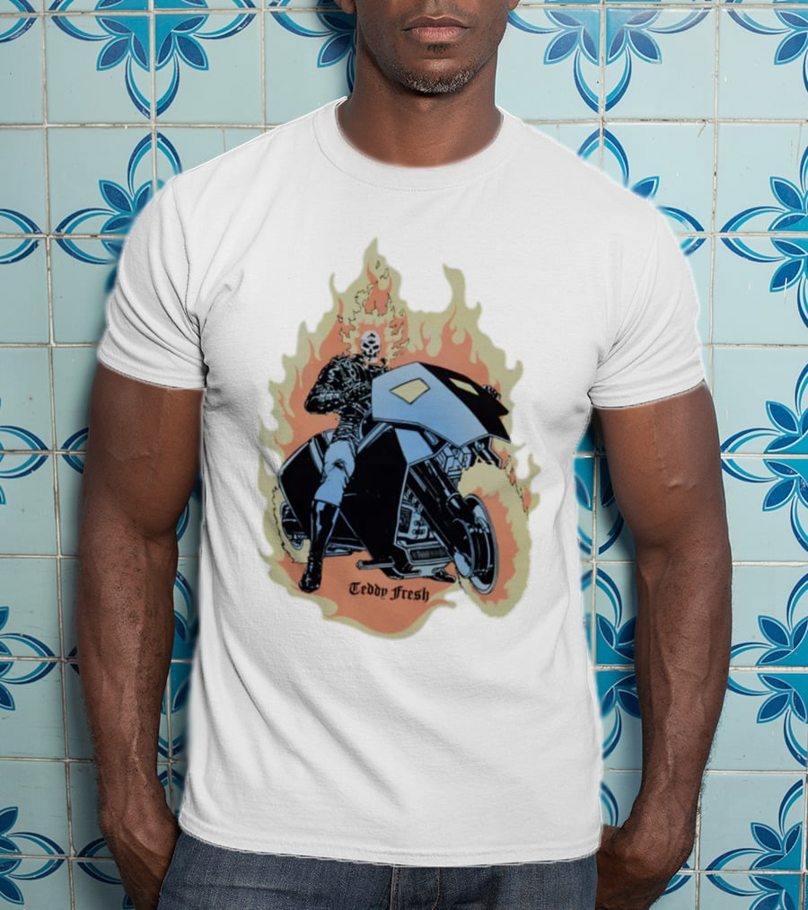 Teddy Fresh Tf X Marvel Ghost Rider Uv Activated Flames Motorcycle T-Shirt