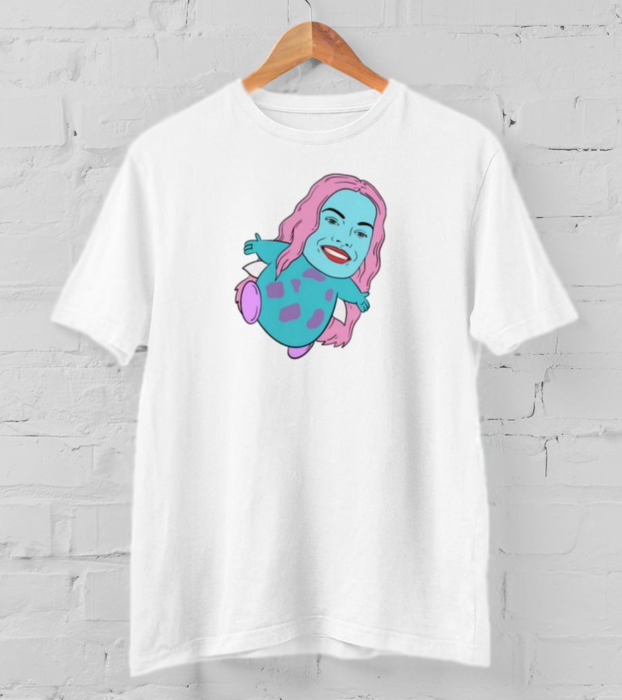Margot X Bibble Fusion Cartoon Character With Pink Hair And Smiling Face On Blue Creature Body T-Shirt