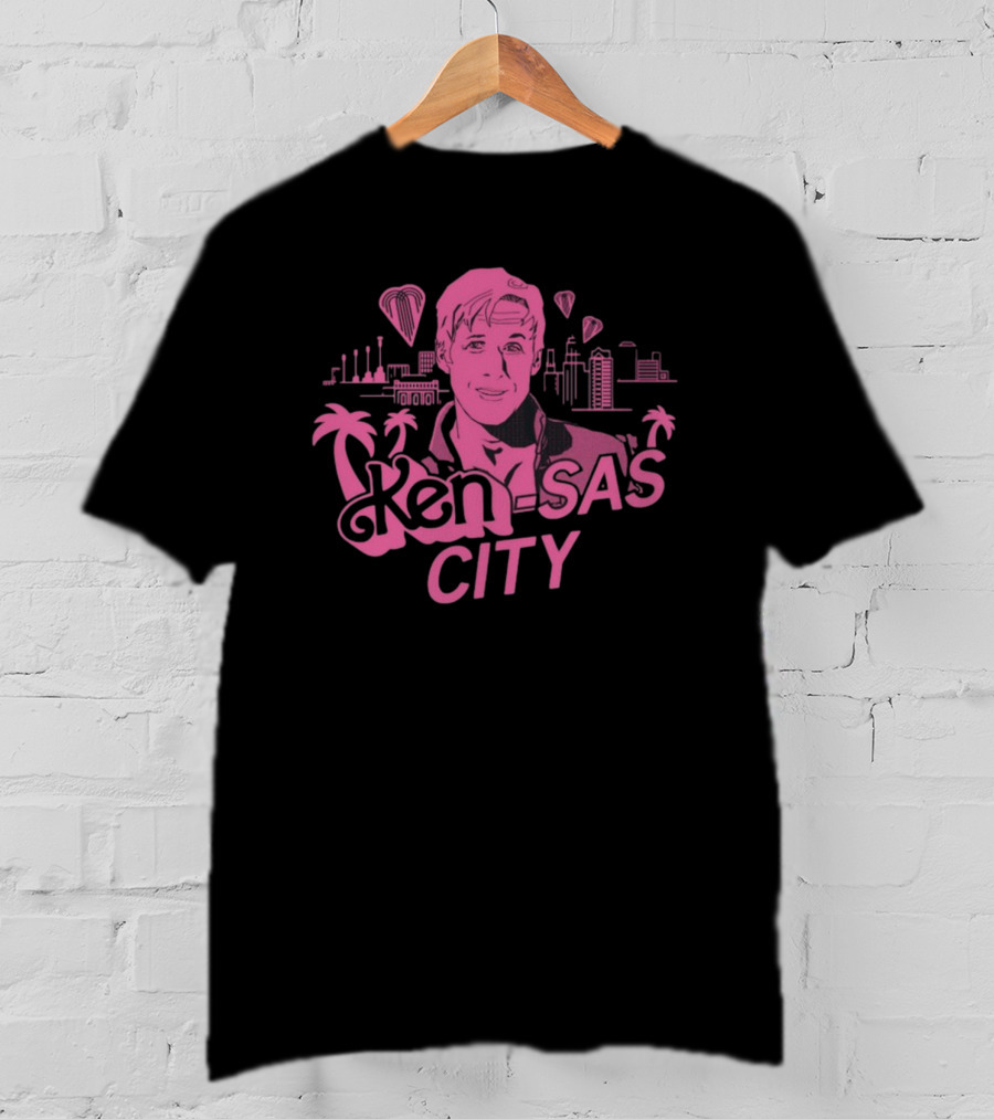 Ken-Sas City Pink Palm Skyline And Heart Balloons T-Shirt