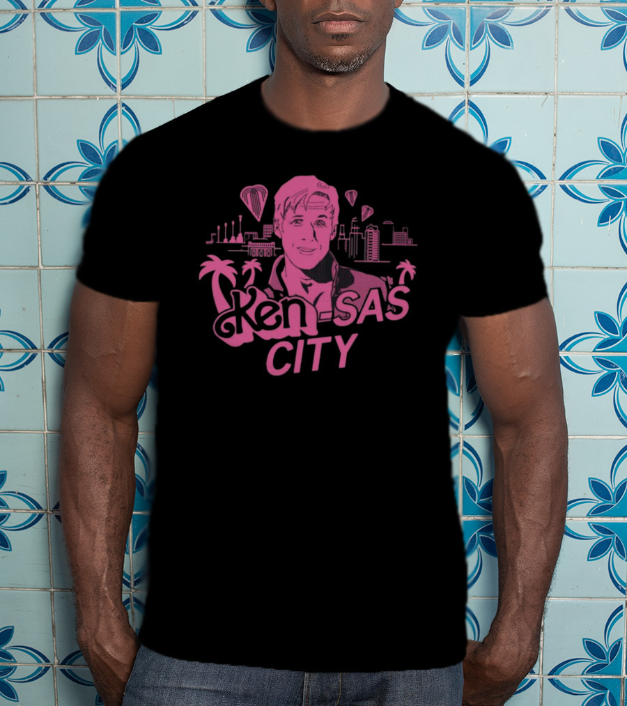 Ken-Sas City Pink Palm Skyline And Heart Balloons T-Shirt