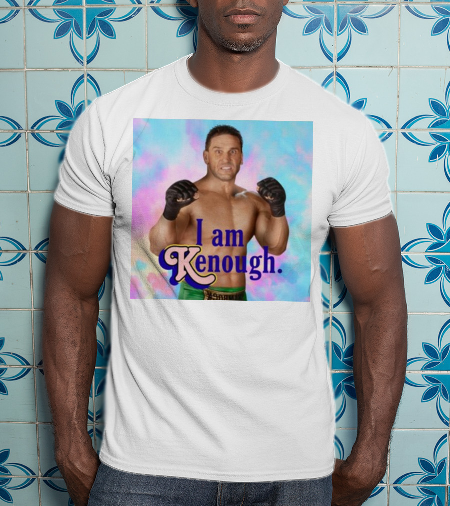 Brogan Ken Shamrock I Am Kenough Boxer Gloves Blue Pink Background T-Shirt