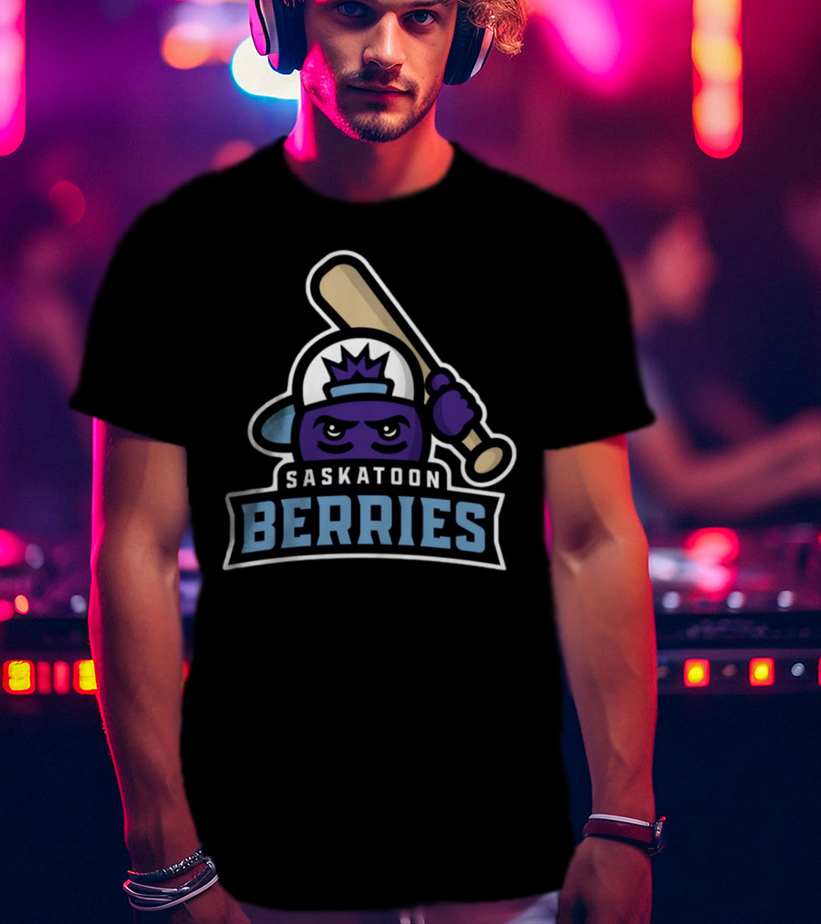 Saskatoon Berries Baseball Mascot With Crown And Bat T-Shirt