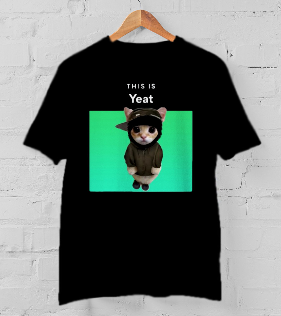 Yeat Cat Wearing Hoodie And Cap On Green Background T-Shirt