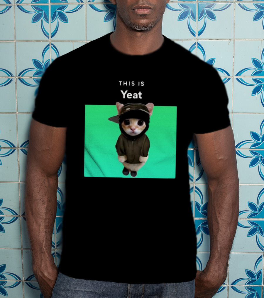 Yeat Cat Wearing Hoodie And Cap On Green Background T-Shirt
