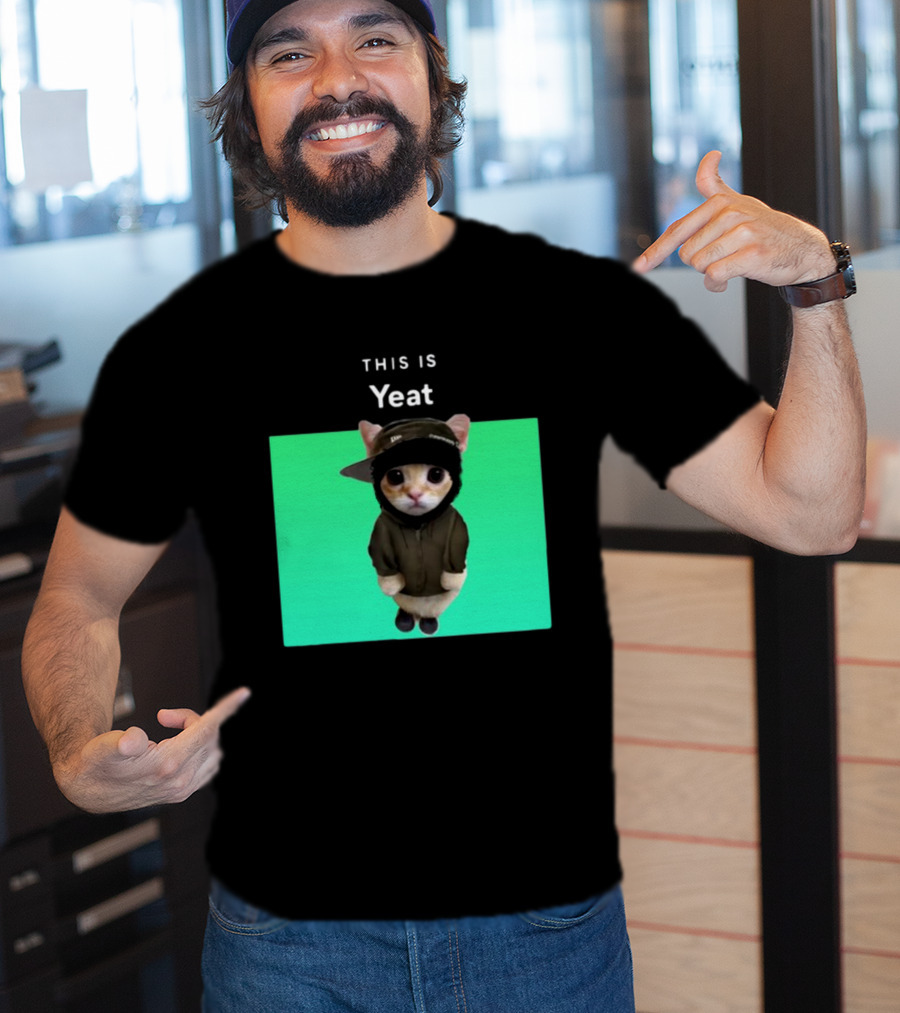 Yeat Cat Wearing Hoodie And Cap On Green Background T-Shirt