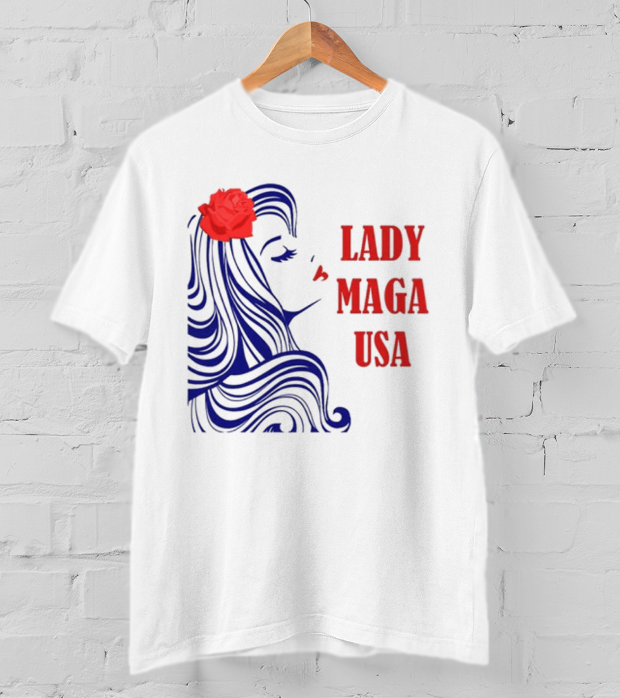 Lady Maga USA Bold Red And Blue Portrait With Rose T-Shirt