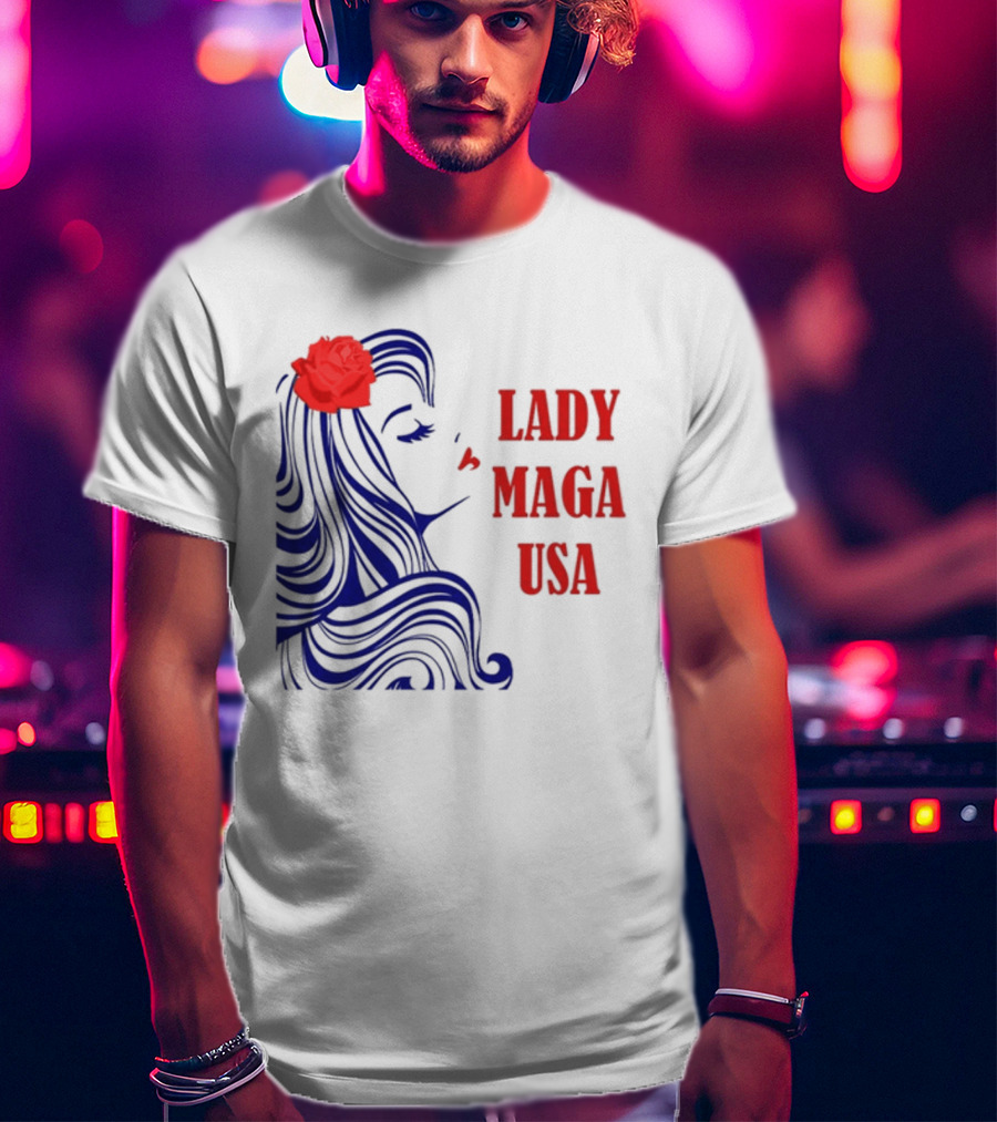 Lady Maga USA Bold Red And Blue Portrait With Rose T-Shirt