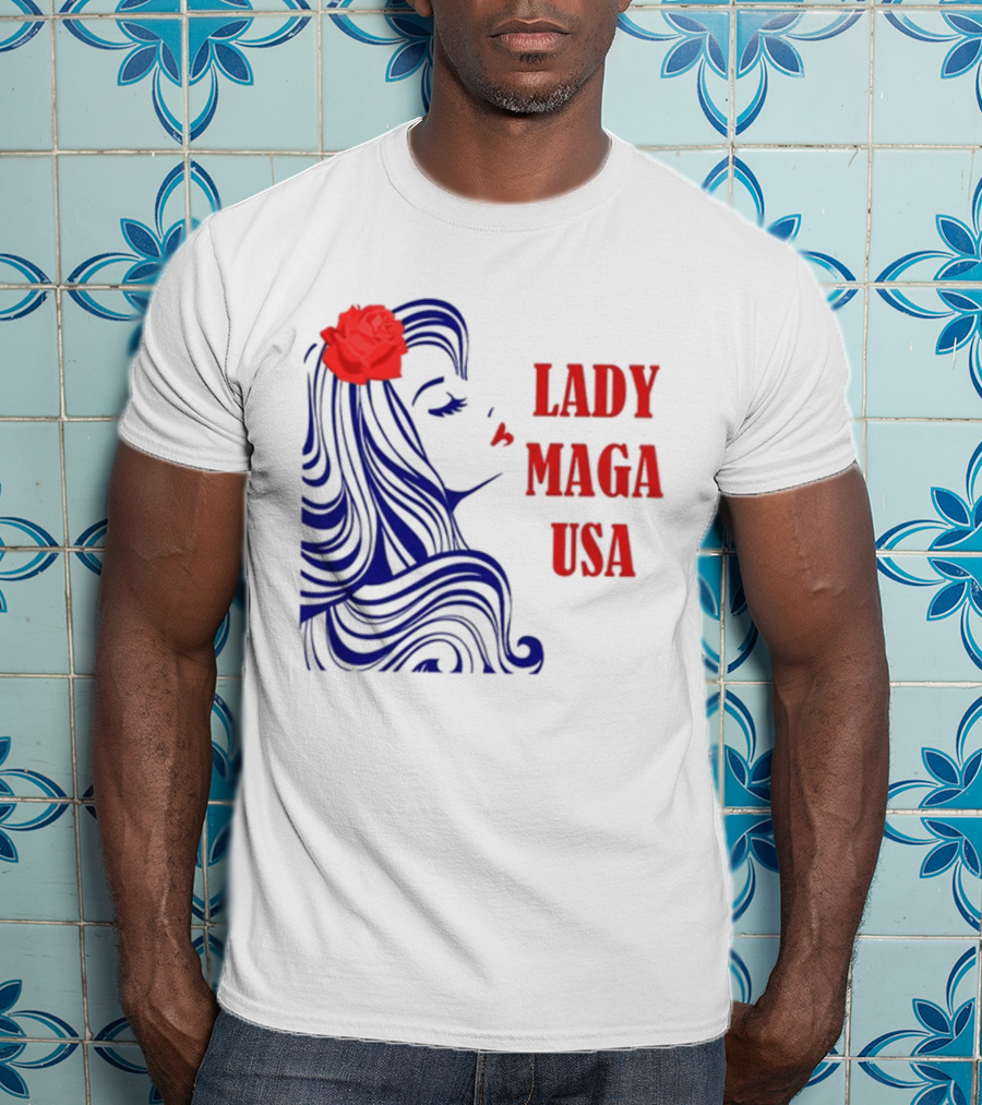 Lady Maga USA Bold Red And Blue Portrait With Rose T-Shirt