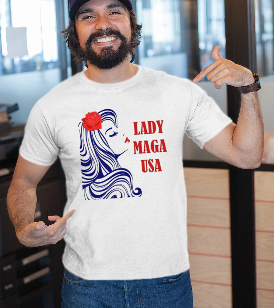 Lady Maga USA Bold Red And Blue Portrait With Rose T-Shirt