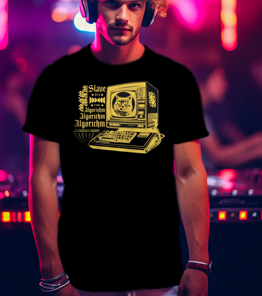 Freddytylerpaul Slave To The Algorithm Retro Computer Cat T-Shirt