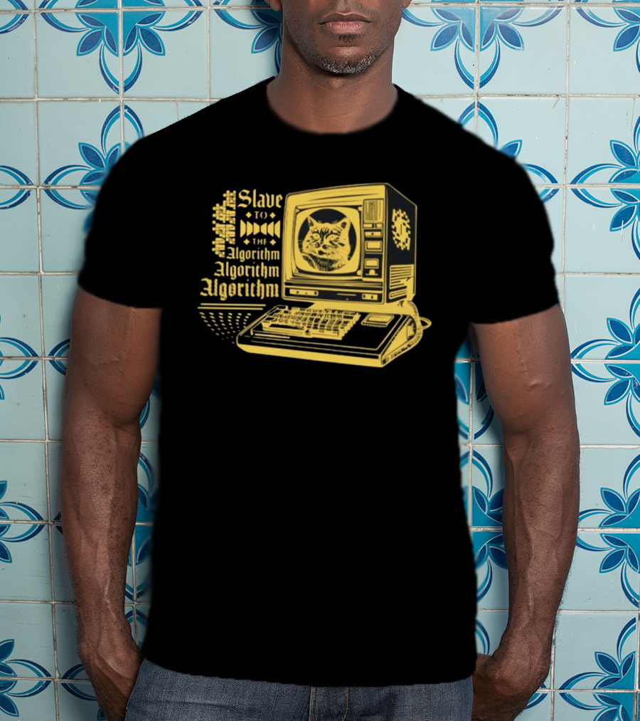 Freddytylerpaul Slave To The Algorithm Retro Computer Cat T-Shirt