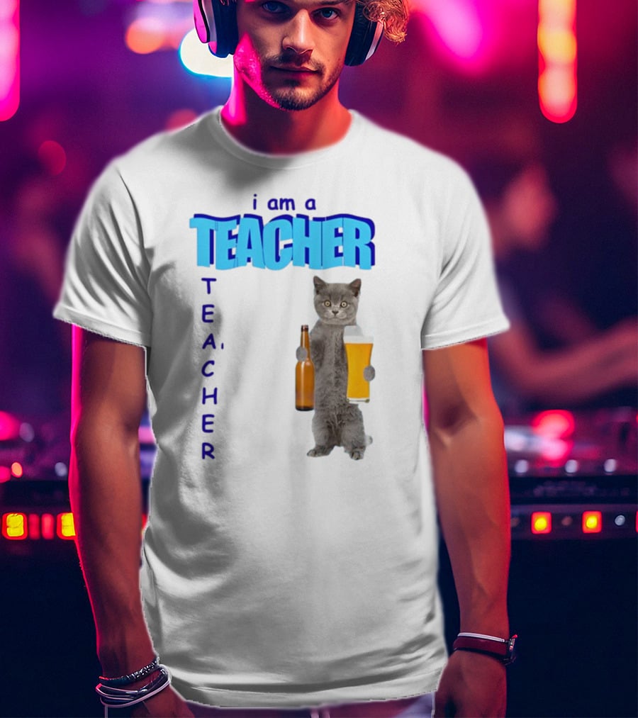 Gotfunny I Am A Teacher Cat Holding Beer And Bottle T-Shirt