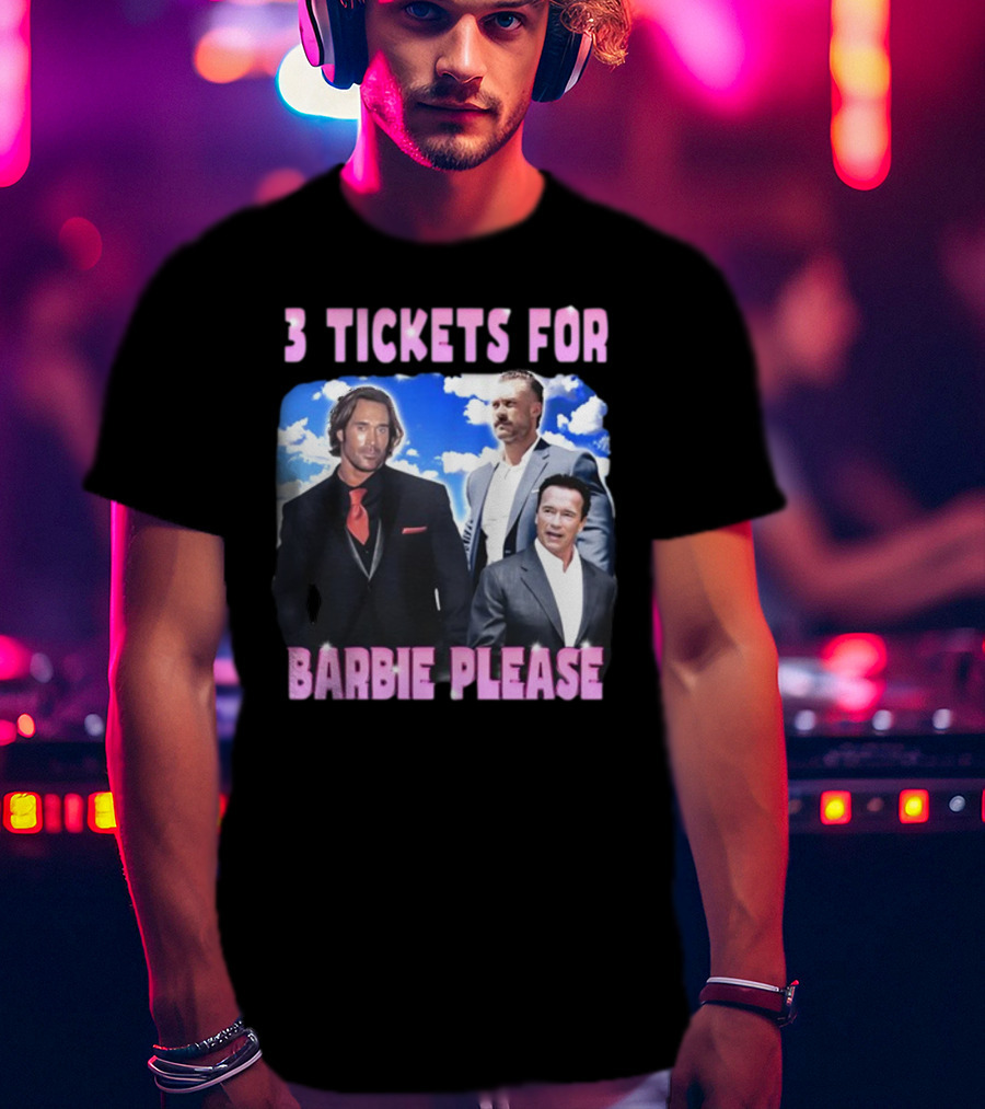Memeabletees 3 Tickets For Barbie Please With Three Men In Suits T-Shirt