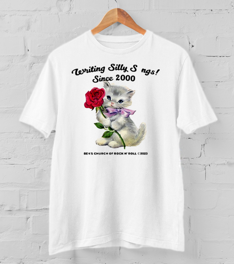 Writing Silly Songs Since 2000 Cute Kitten With Red Rose And Pink Bow T-Shirt