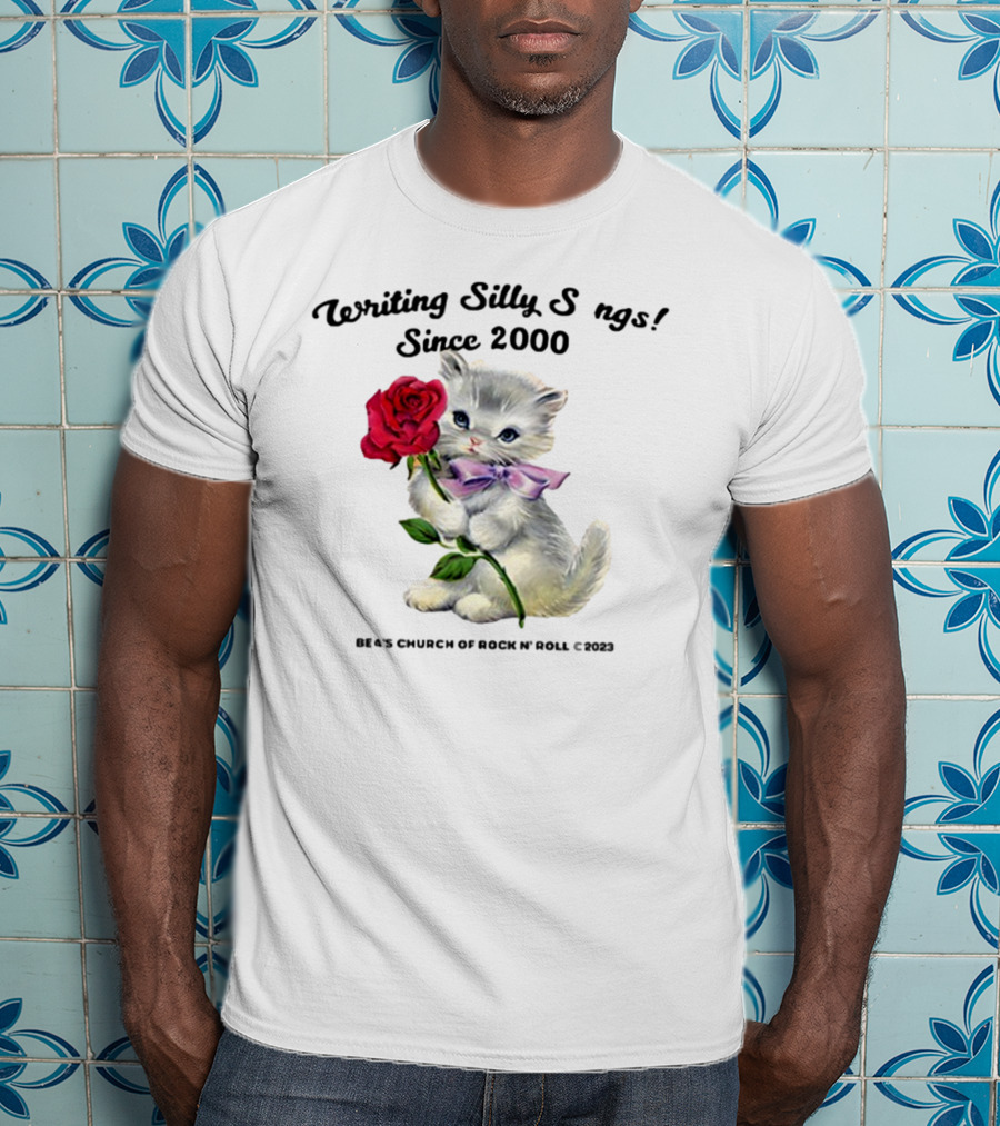 Writing Silly Songs Since 2000 Cute Kitten With Red Rose And Pink Bow T-Shirt