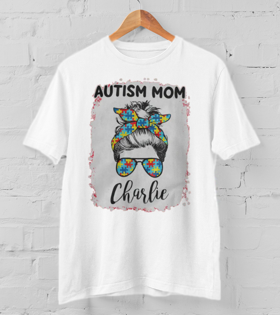 Autism Mom Charlie Puzzle Pattern Messy Bun Hair T-Shirt