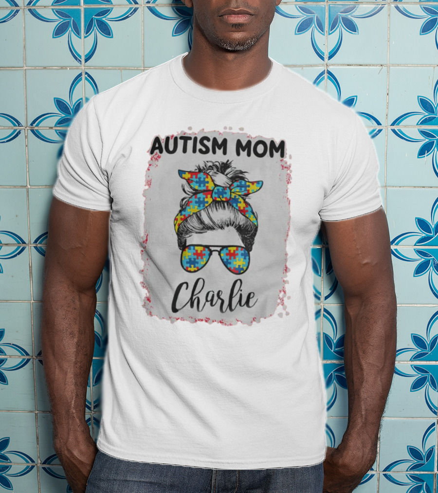 Autism Mom Charlie Puzzle Pattern Messy Bun Hair T-Shirt