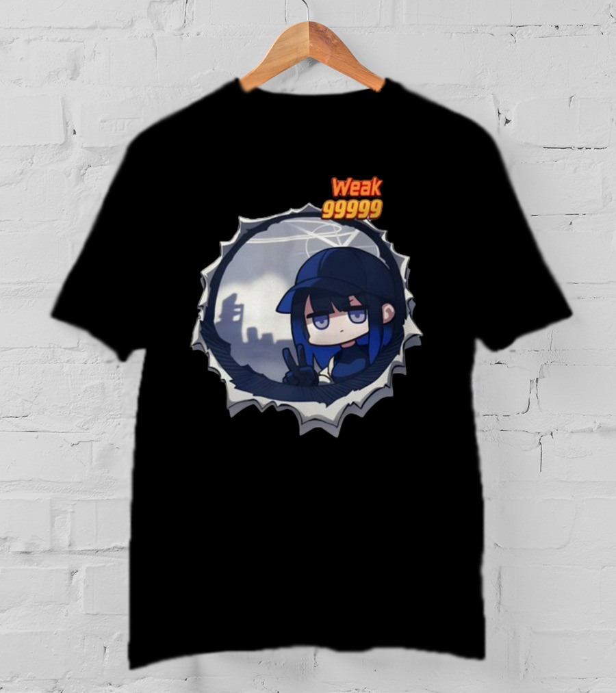 Weak 99999 Manga Character Peering Through Circular Portal T-Shirt