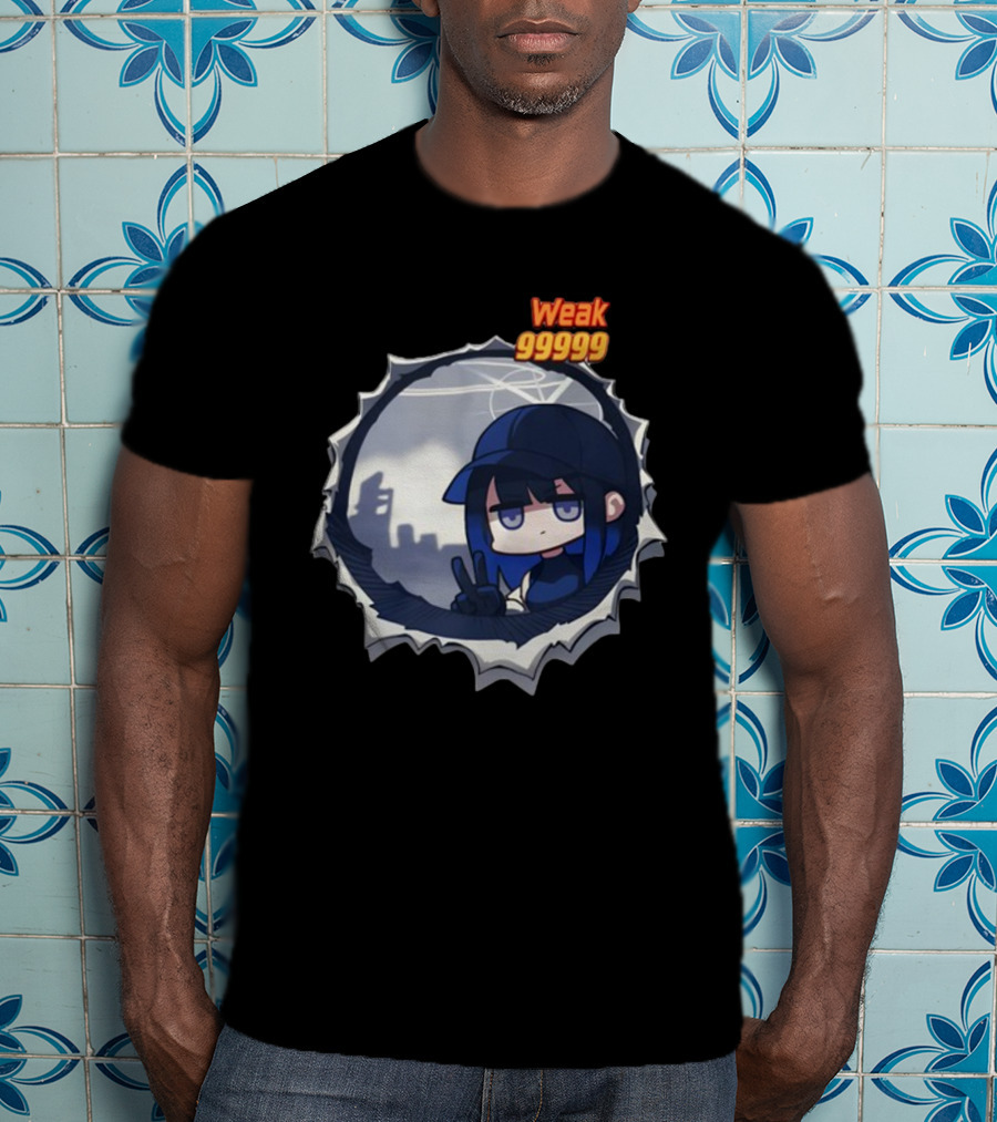 Weak 99999 Manga Character Peering Through Circular Portal T-Shirt