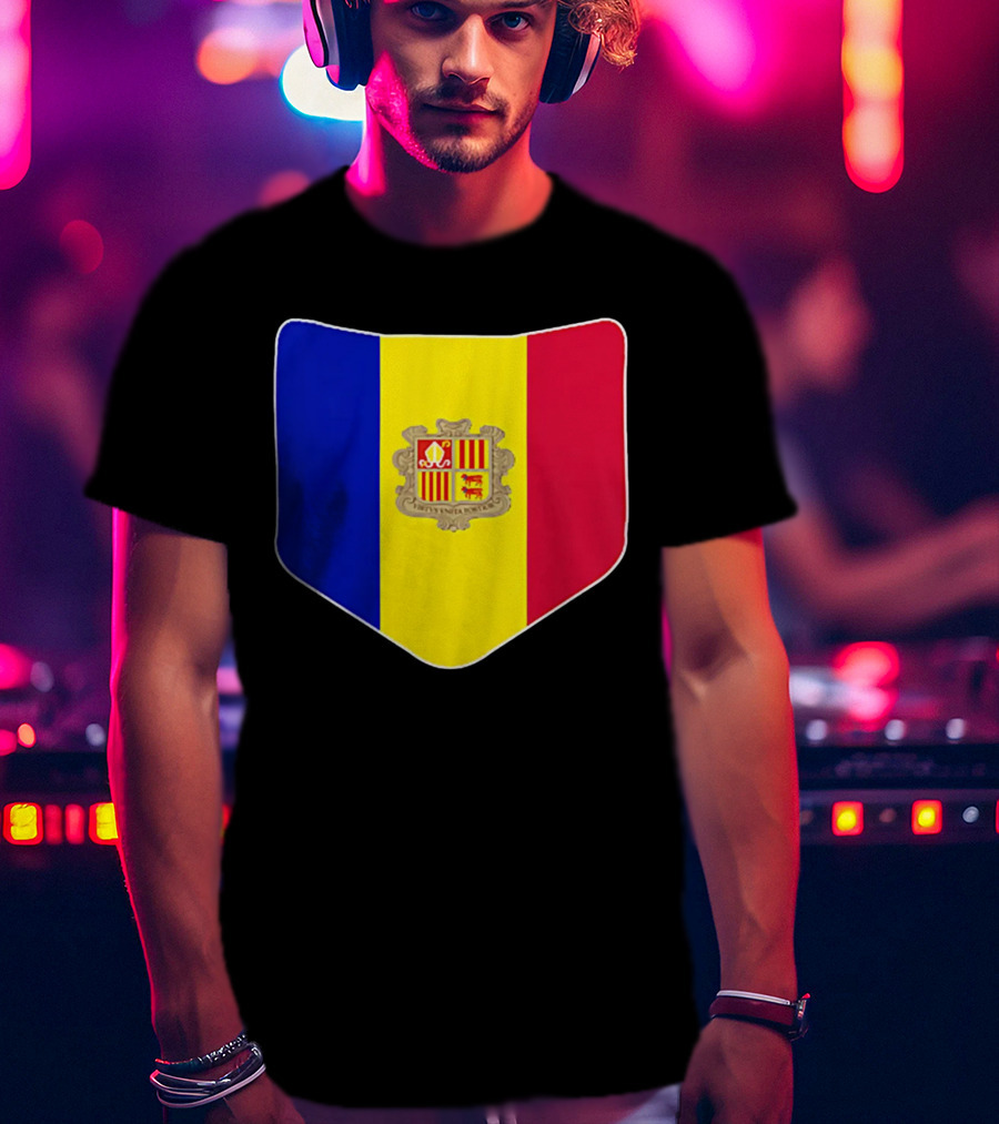 Andorra Flag Pocket Print Andorran Colors Crest Emblem T-Shirt