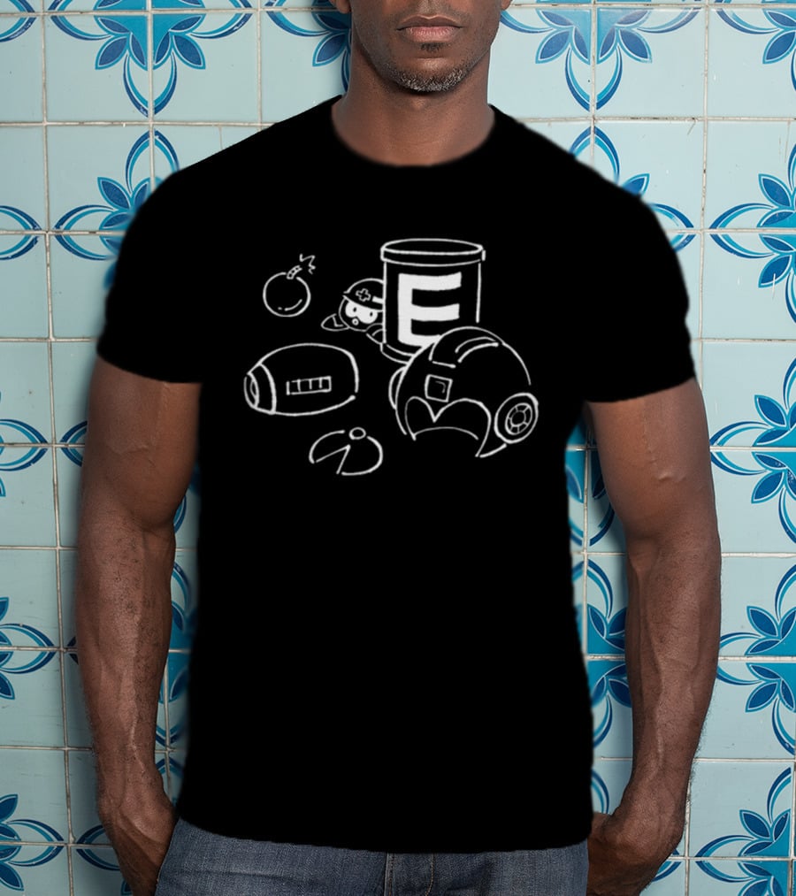 Mega Man E-Tank Helmet And Bomb Line Art Elements T-Shirt