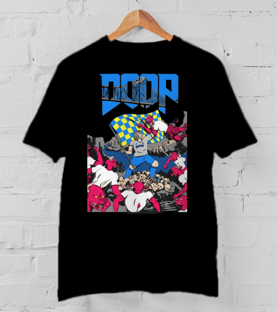 Doom Soccer Player Leading Team With Flag Surrounded By Red Demons T-Shirt