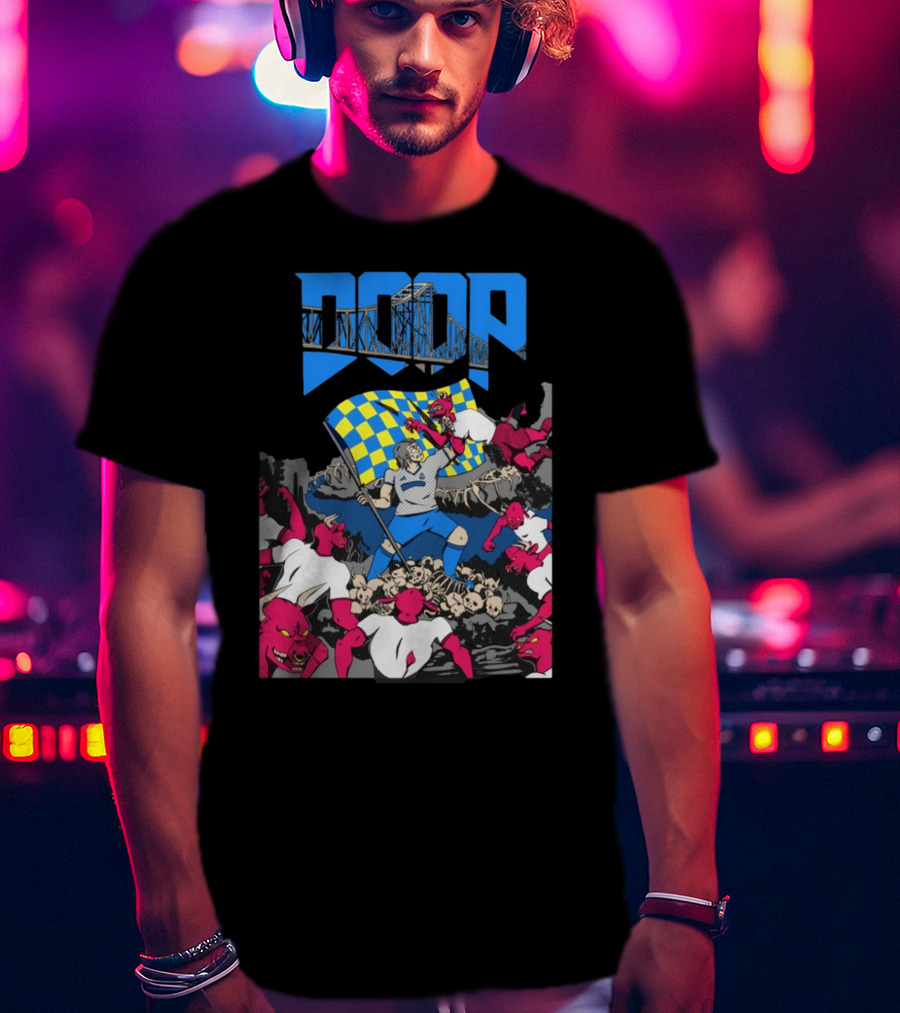 Doom Soccer Player Leading Team With Flag Surrounded By Red Demons T-Shirt
