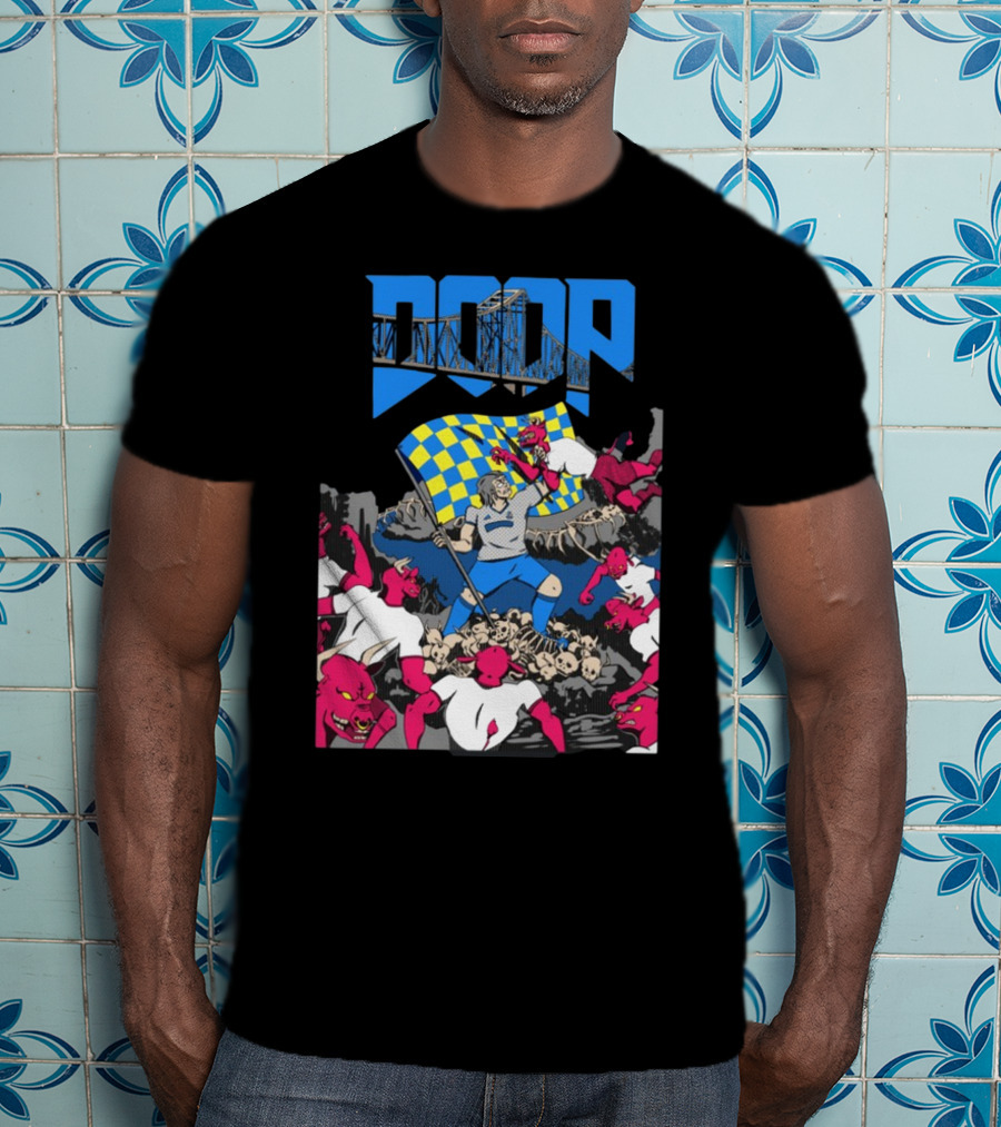 Doom Soccer Player Leading Team With Flag Surrounded By Red Demons T-Shirt