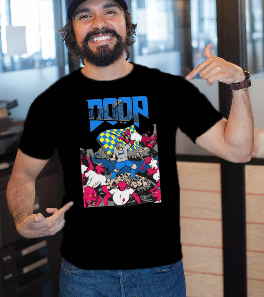 Doom Soccer Player Leading Team With Flag Surrounded By Red Demons T-Shirt