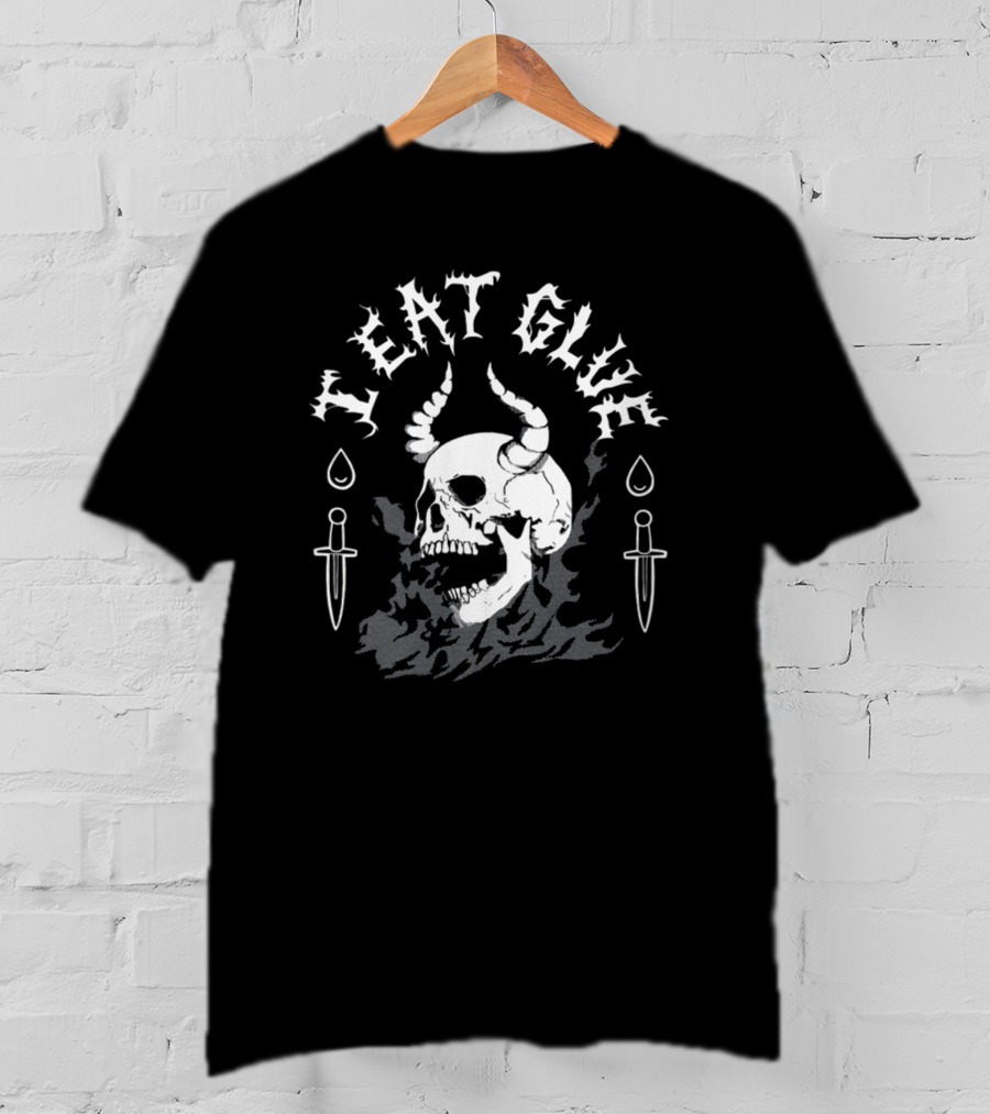 Skull And Knives With Teat Glue Text And Horns T-Shirt