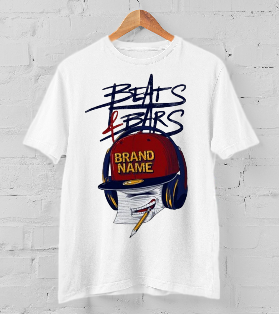 Beats And Bars Brand Name Hat Headphones Pencil Sketch T-Shirt