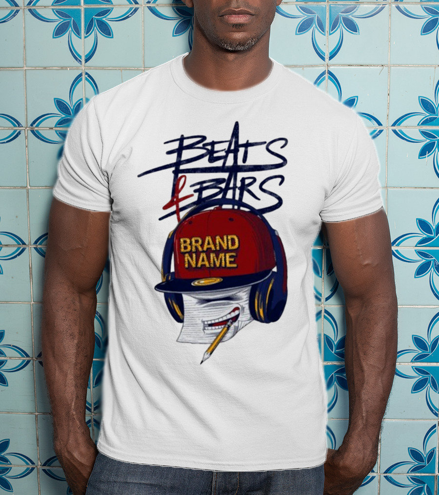 Beats And Bars Brand Name Hat Headphones Pencil Sketch T-Shirt