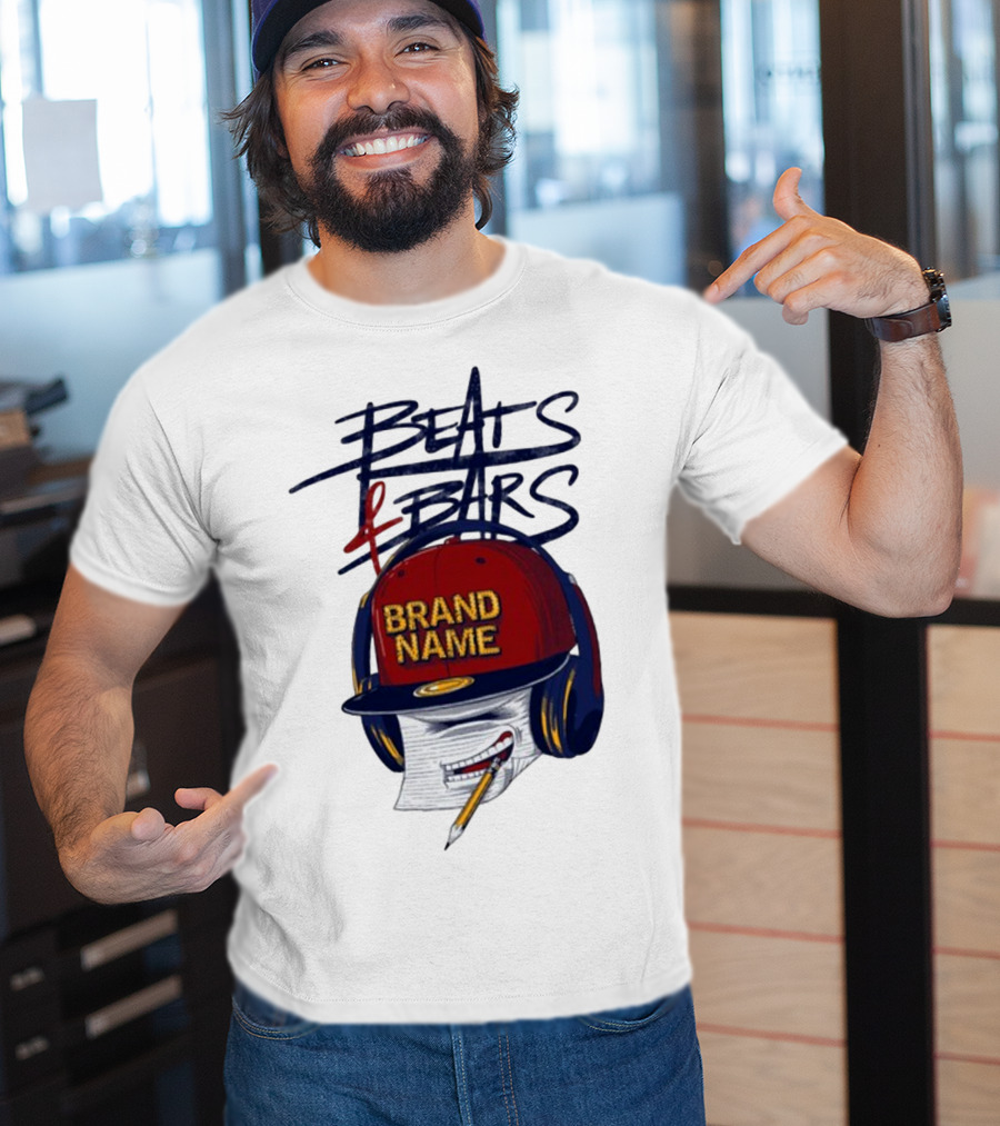 Beats And Bars Brand Name Hat Headphones Pencil Sketch T-Shirt