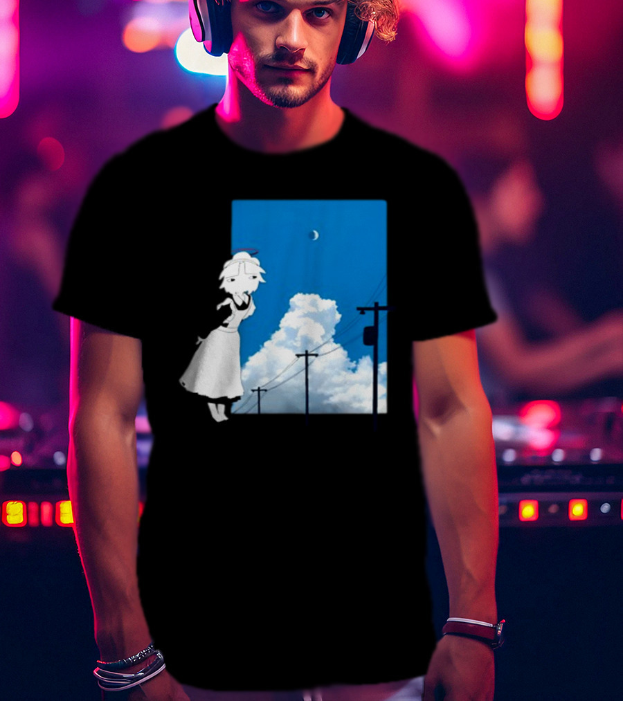 Electric Maid Under Cloudy Sky And Moon With Power Lines T-Shirt