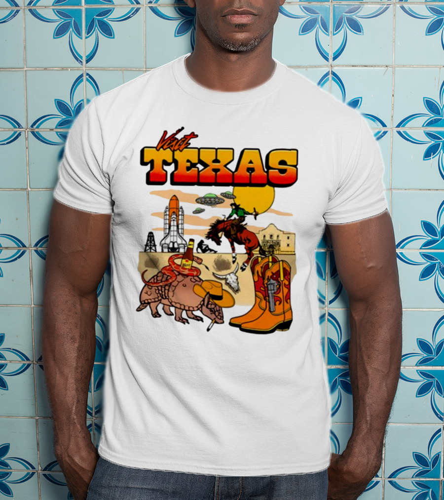 Visit Texas Armadillo Cowboy Boots Space Shuttle UFOs Rodeo Horse Alamo T-Shirt