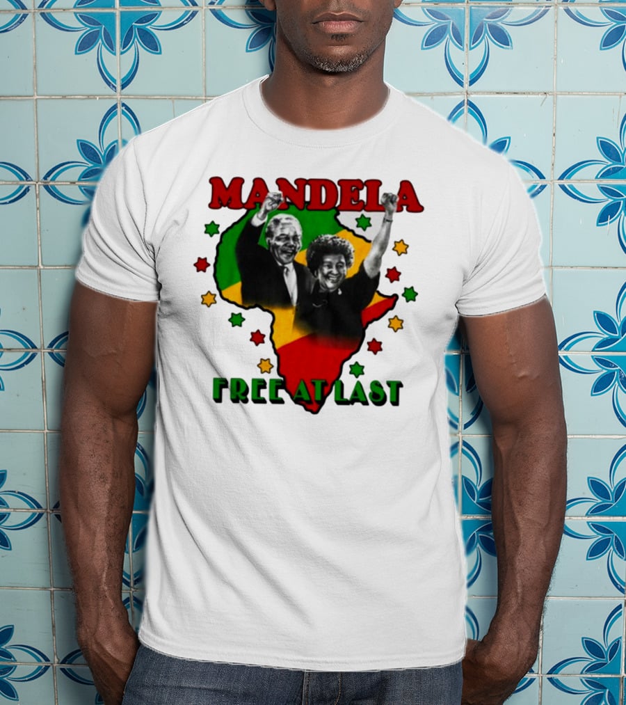 Nelson Mandela Free At Last Africa Map Red Yellow Green Stars T-Shirt